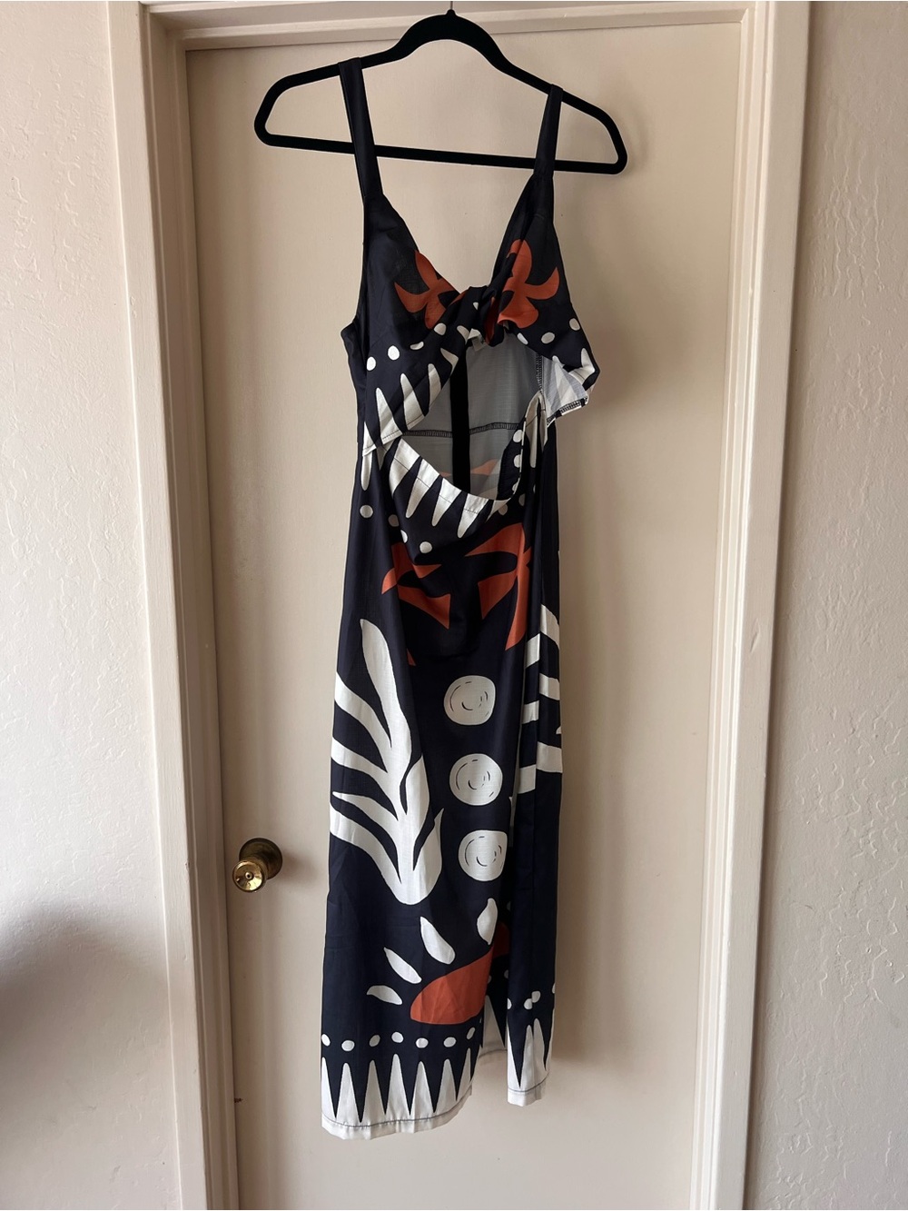Black Abstract Cutout Maxi Dress with White and Rust Print